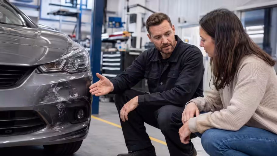 Customer discussing accident damage with a car body repair technician in Stoke-on-Trent