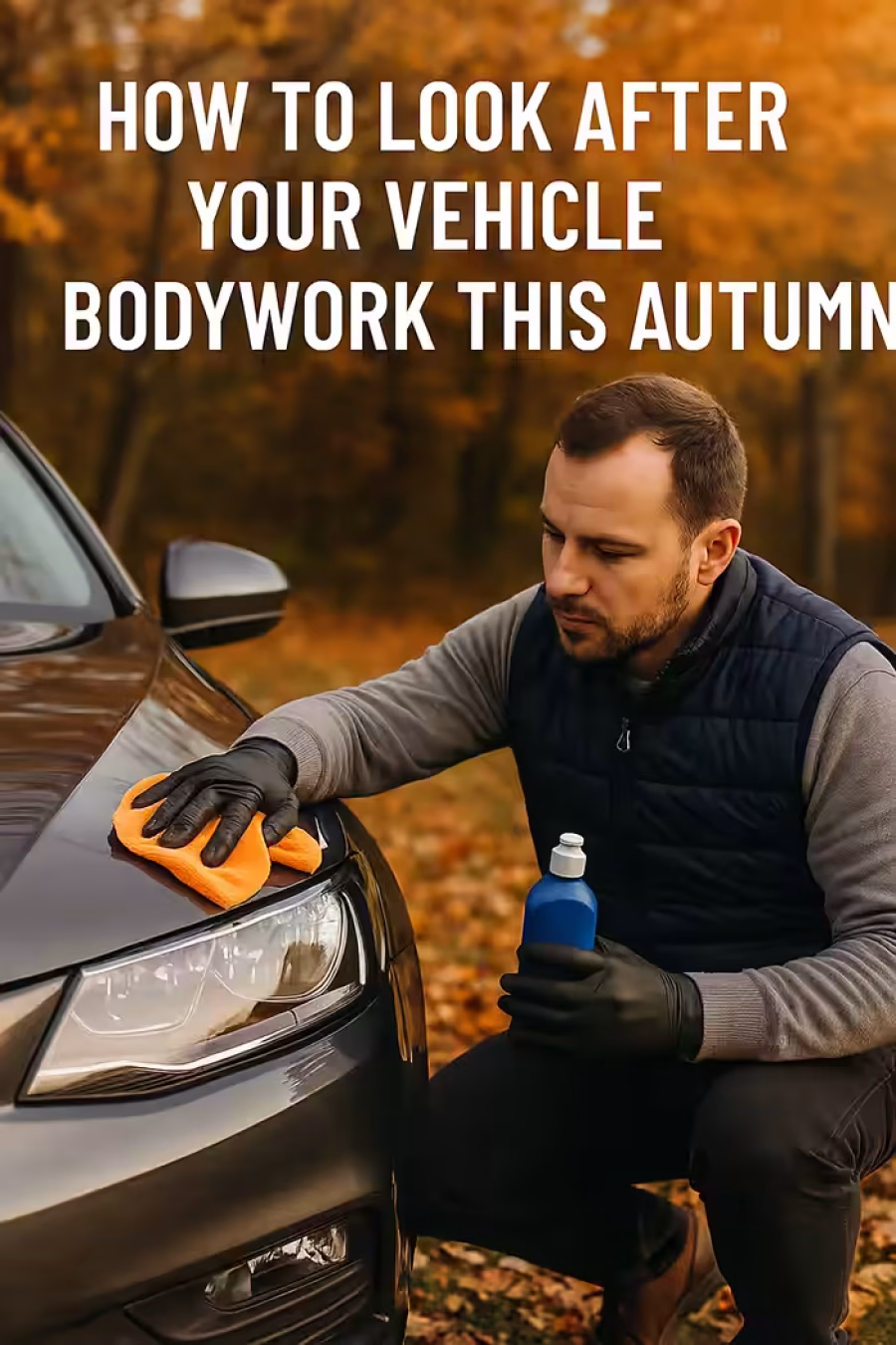 Man polishing a car bonnet in autumn leaves – Steves Smart Repairs, Stoke-on-Trent