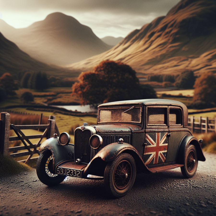 an image of a rusty looking UK car that is complete and in full working order. not damaged, realistic photo of, award winning photograph, 50mm Photography: Landscape. Subject: Cars.