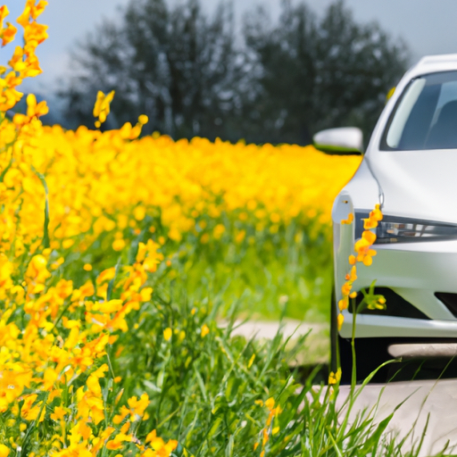 car in a spring setting,. car parked on a road with a field of spring flowers in the background. the car is the main focus